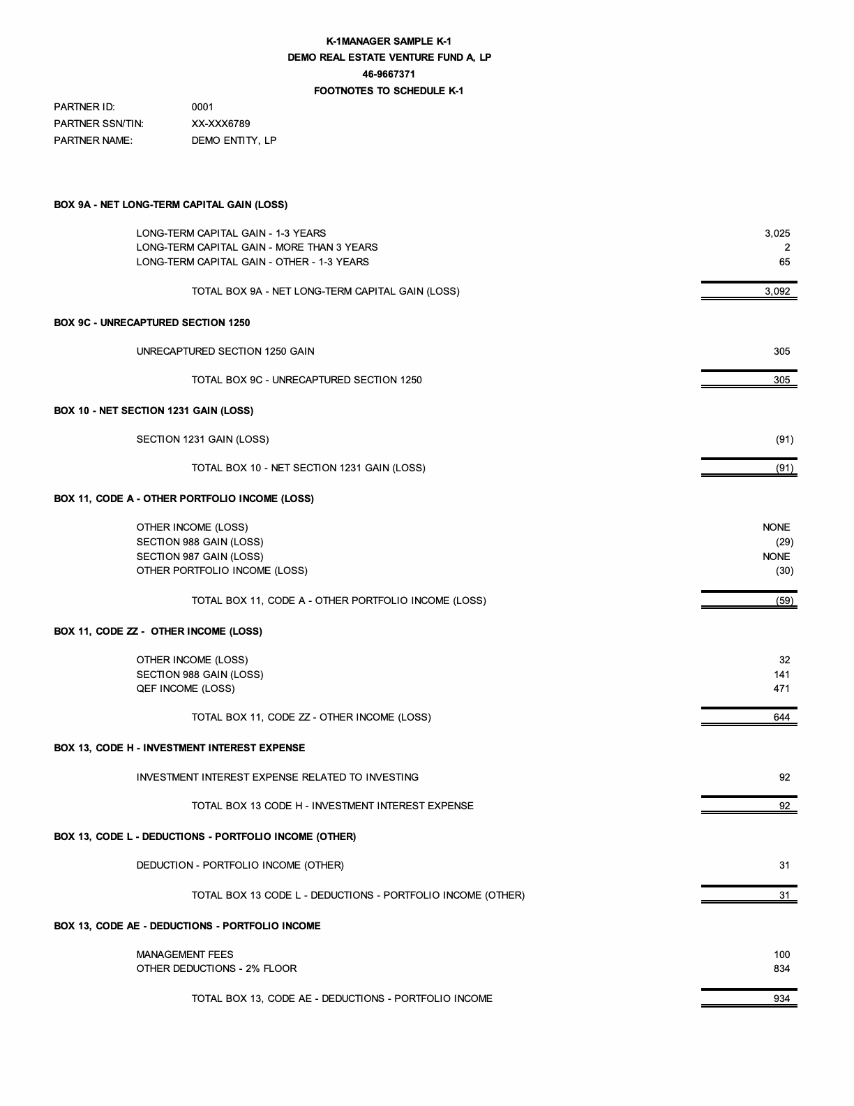K-1 Supporting Schedules — Footnotes