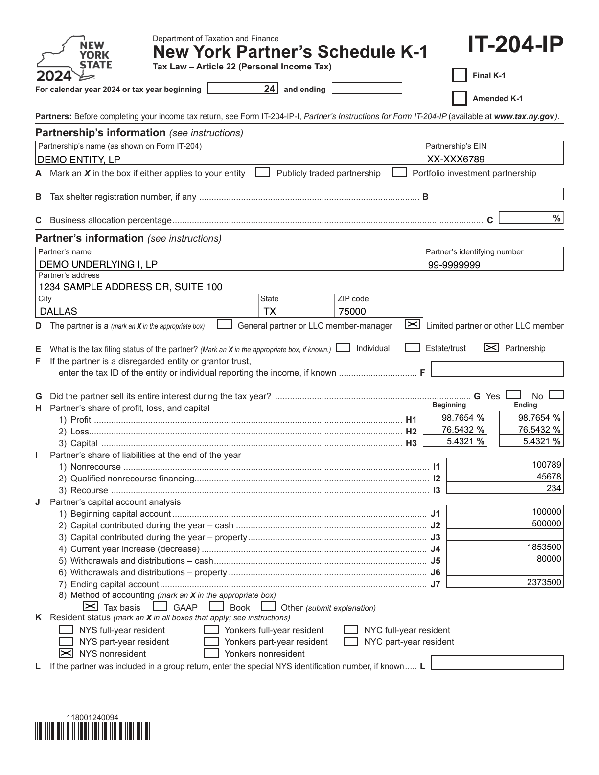 New York Partner's Schedule K-1 IT-204-IP